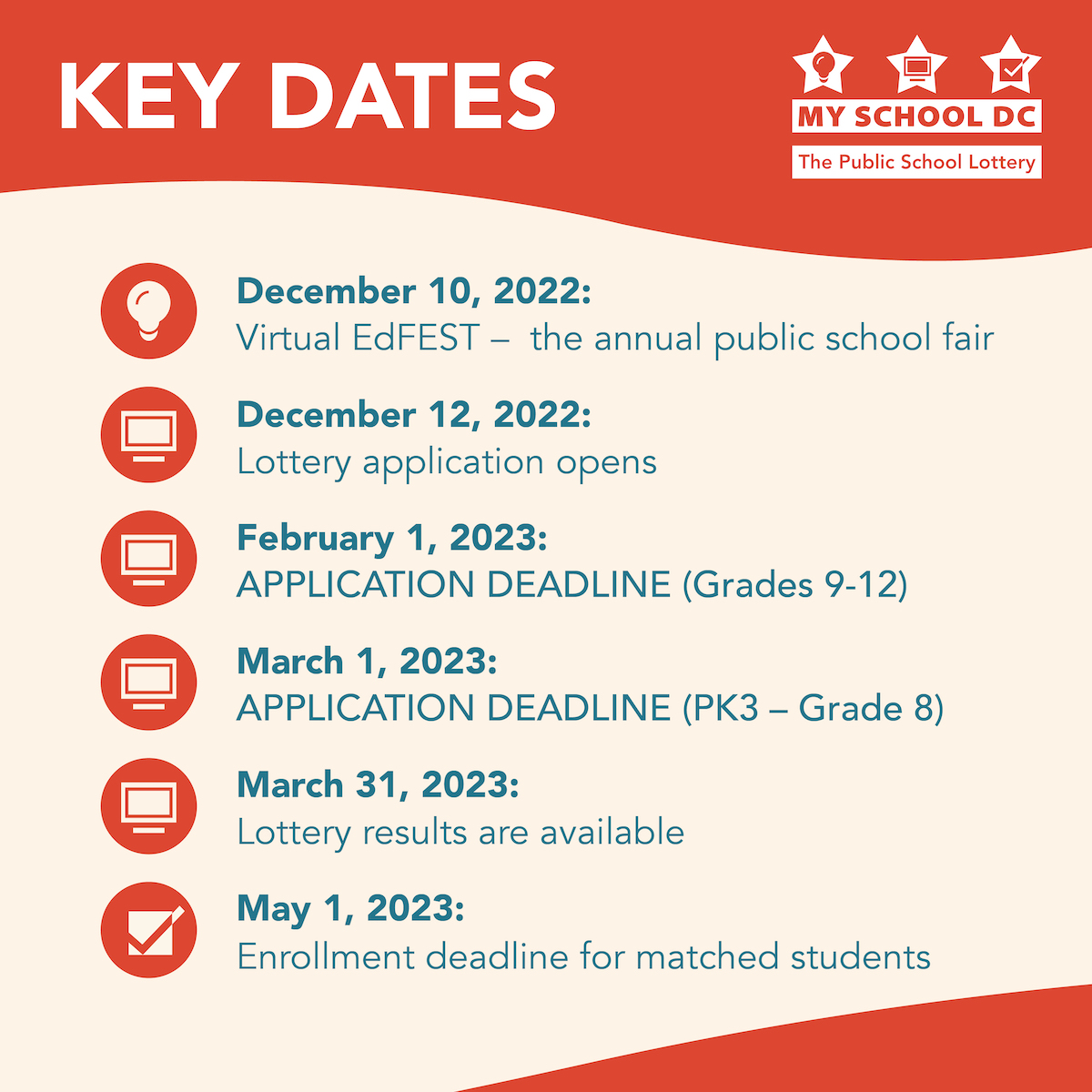 The SY2023-24 My School DC lottery is rapidly approaching. Save these 6 important dates and deadlines so you don't miss an opportunity to find the school your family will call MY school next year.