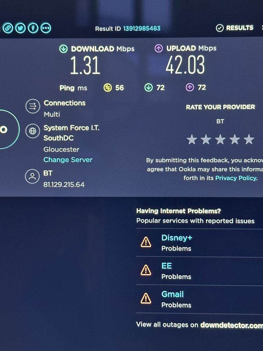 SaskiaDugon's tweet photo. @bt_uk any reason why my download speed has dropped considerably today? Location: Brecon, Wales. https://t.co/lTwplbJiBf