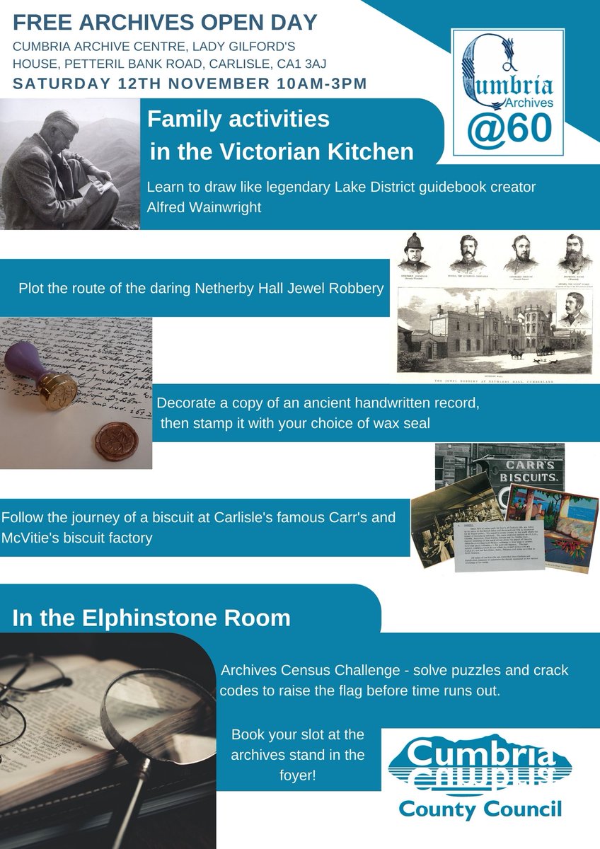 CumbriaArchives's tweet photo. Don't forget to help Cumbria Archives celebrate our 60th anniversary this weekend, Sat 12 November 10am-3pm 

#CumbriaCrack https://t.co/1PMJllBTpG