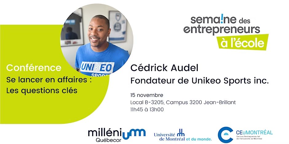 [Semaine de l'#entrepreneuriat]
🚀Se lancer en affaires : Les questions clés!
📅 15.11.2022 à 11h45 au pav. Jean-Brillant de l'#umontreal, salle B-3205 
eventbrite.com/e/billets-se-l…
#entrepreneuralecole #moijosentreprendre #startups #entrepreneuriat #umontreal
@osentreprendre