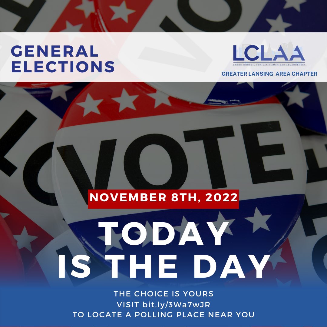 LCLAALansing's tweet photo. TODAY IS THE DAY! Michigan the choice is yours. To locate a polling place near you visit https://t.co/YO3v9q1ZnS for more information. 

#vote #LCLAAvote #Michigan https://t.co/Lg9i9MLmPi