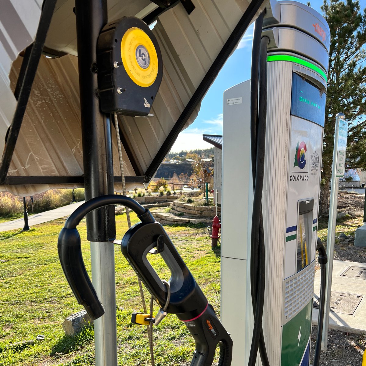 LaPlataElectric's tweet photo. The DC fast charger at Centennial Park in @visitpagosa is the most used fast charger in all of Colorado. With the adaptor shown here, it can now charge Tesla's too! @ChargePointnet  #LPEA  #CoopDifference #electricvehicle #ev #electriccar #tesla https://t.co/YOMs7HIpBb