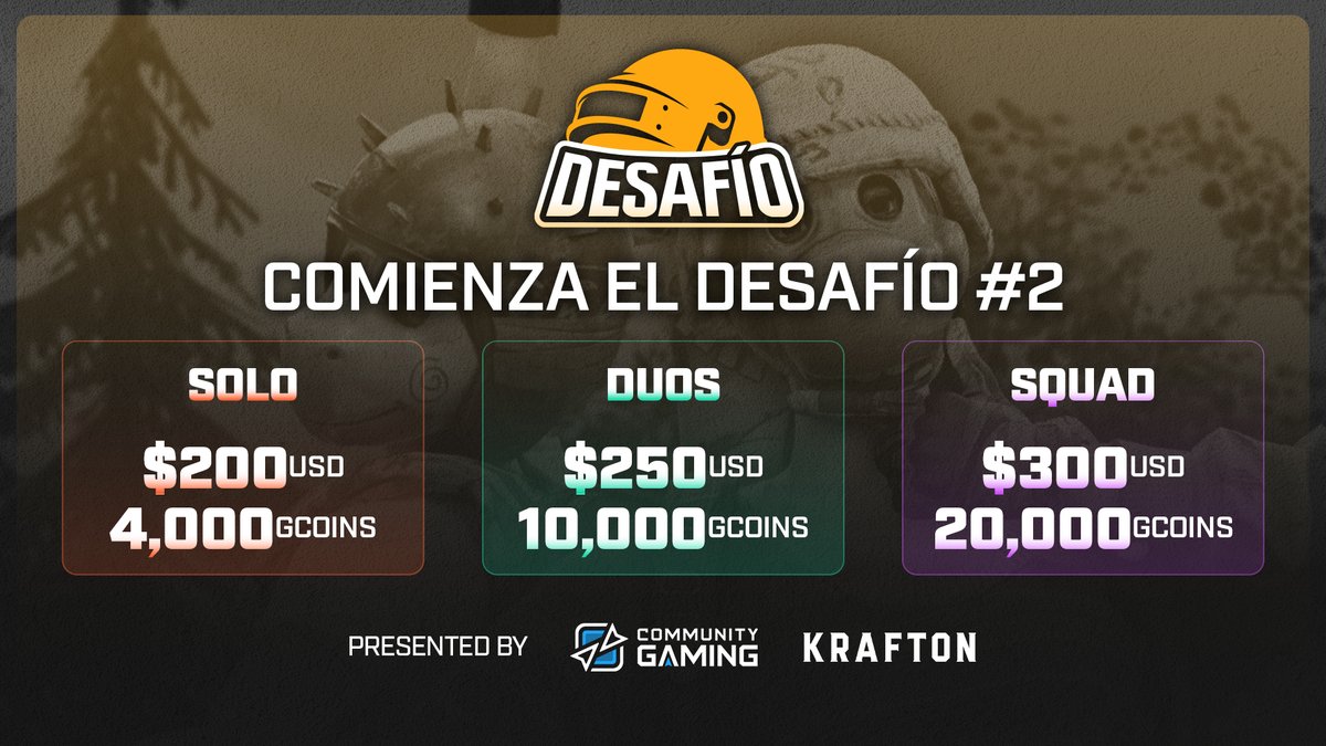 🤩¡Comienza el Desafío #2 de #PUBG Battlegrounds!

😎En estas semanas tienes nuevamente 3 oportunidades para ganar.
🔹Dúos - 10/11 NOV  $250USD + 10000 GCOINS
🔹Solo - 12 NOV $200USD + 4000 GCOINS
🔹Squad - 18/19 NOV $300USD + 20000GCOINS

😏¿Te lo vas a perder?
🏆GANA POR JUGAR