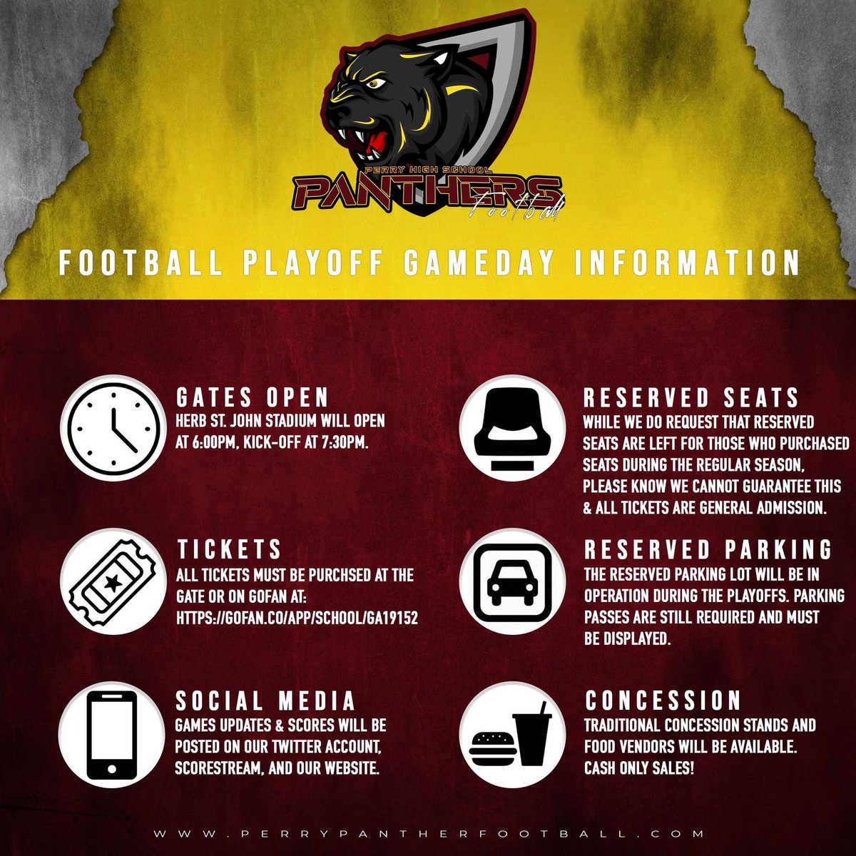 GAME DAY ALERT
Perry Panthers vs Shaw Raiders
GHSA AAAA State Playoffs (Round 1)
Panther Pit at Herb St. John Stadium
📆 Friday, November 11th at 7:30PM
🎟 Tickets on GoFan: gofan.co/app/events/774…