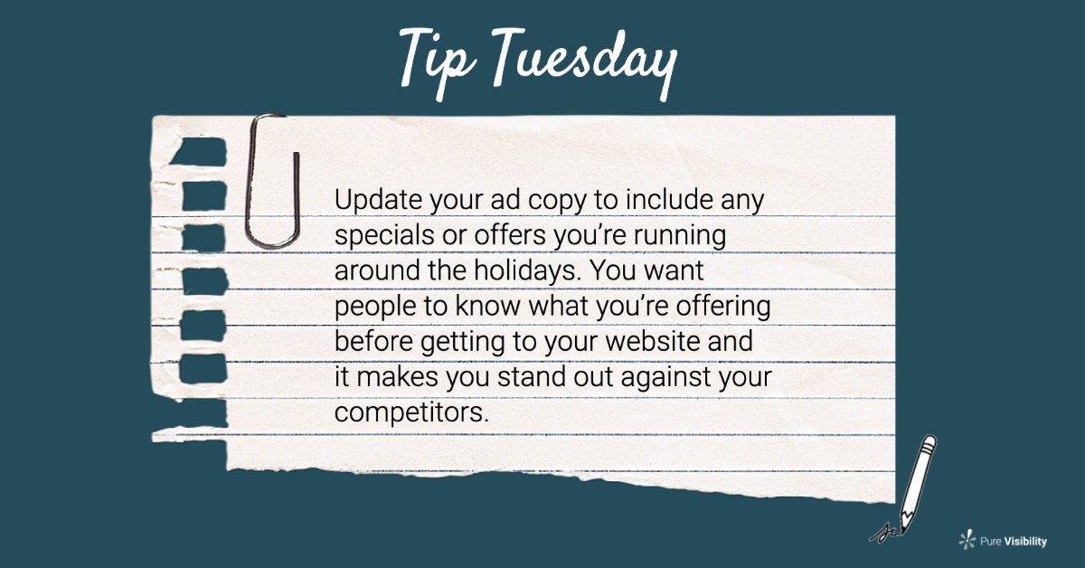 PureVisibility's tweet photo. With the holiday season in full swing, our PPC analysts share last minute tips to make the most out of your digital ads campaigns. 
 #TipTuesday #PPC #ecommerce #holiday https://t.co/r9btVZKK55