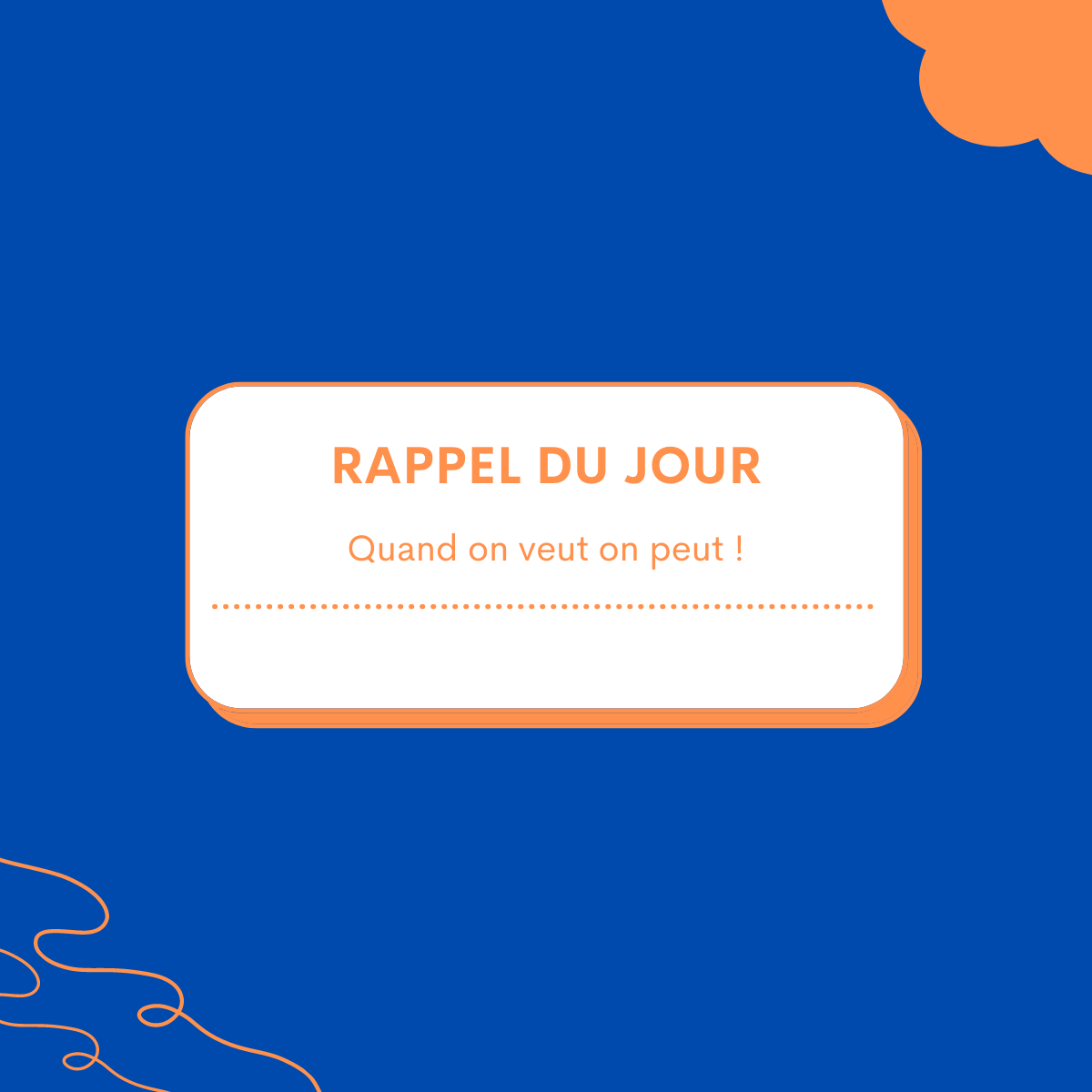 MOTIVATION QUOTE

Pratiquez la pensée positive, souriez à ce début de semaine !

Il est important de régulièrement se répéter des pensées positives pour être dans un bon état d'esprit et être plus optimiste. 

Et vous quelle est votre pensée positive préférée ?