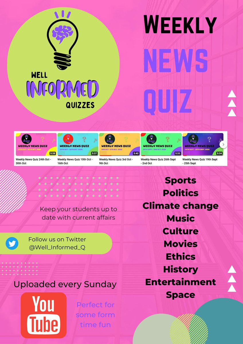 I’ve had lots of really good feedback following the start of the #WeeklyNewsQuiz 

I hope it can become a weekly part of your students ‘form time’ diet!

#education #teacher #teachertwitter #news #quiz #teachersoftwitter 

youtu.be/INLSk40W6zc