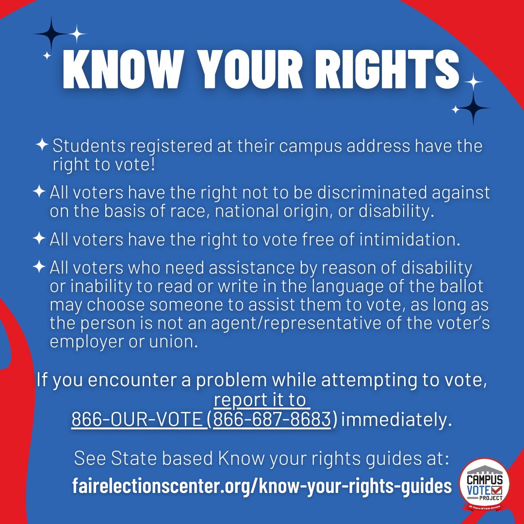 CampusVote's tweet photo. Make sure you know your voting rights this Election Day! 

Check out these guides from @fairelections before you head to the polls today 👇️

https://t.co/jka3W8hooY

#vote #voter #election #youth #votingrights #CampusVoteProject https://t.co/wEI2REvhp1