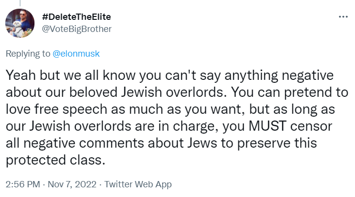 VoteBigBrother's tweet photo. #JewishPrivilege #ProtectedClass #ElonMusk https://t.co/l8JqCbwYde