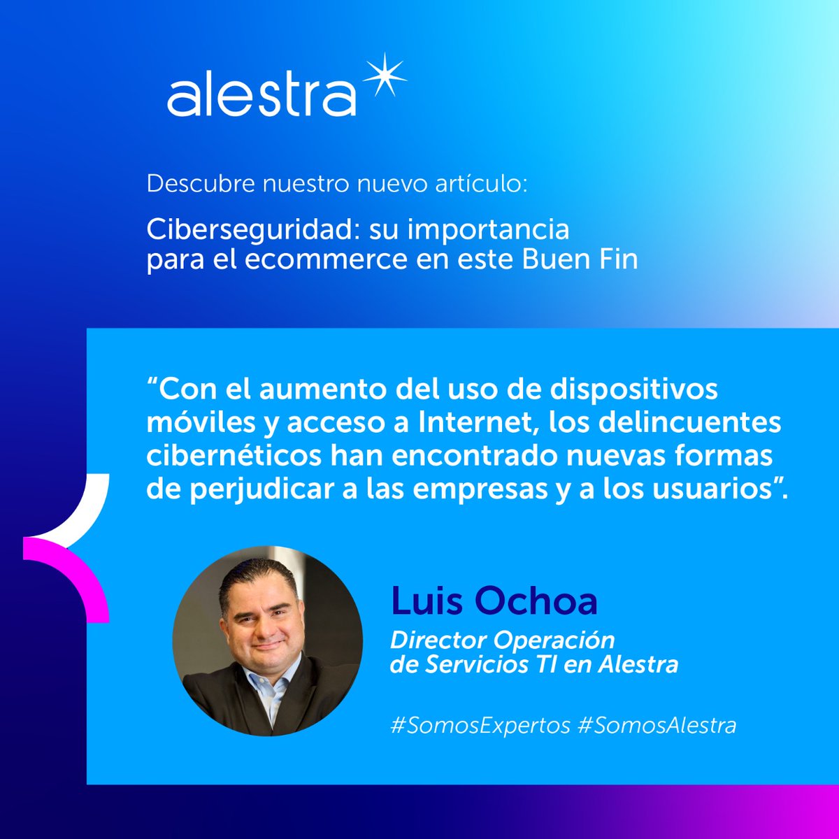 Alestra_MX's tweet photo. Luis Ochoa, Director Operación de Servicios TI en Alestra, nos aconseja cómo reforzar las estrategias de ciberseguridad de las empresas durante este Buen Fin; hoy #martes, en nuestro #BlogAlestra.
Conoce el artículo en: https://t.co/j7AqY7v8HE
#SomosExpertos #BuenFin https://t.co/fKTaw7ywpX