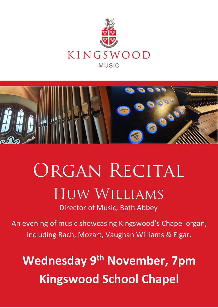 Tomorrow, Wednesday 9 November, we welcome Huw Williams, Director of Music at Bath Abbey, for an evening of music showcasing Kingswood's newly restored Chapel organ. The concert is open to all and begins at 7pm in Kingswood Chapel, followed by refreshments. #KWSMusic