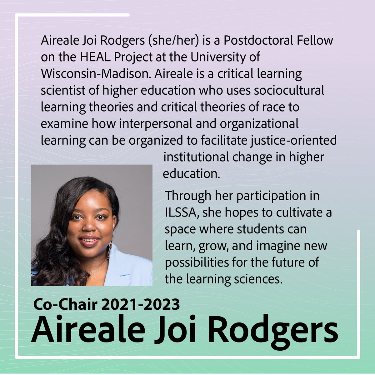 ISLS_ILSSA's tweet photo. #GetToKnowILSSABetter
Meet Aireale, ILSSA Co-Chair for 2021-2023!
Keep up with her updates at @AirealeJoi
#isls @islsnews #ILSSA #LearningScientists #LearningScience https://t.co/wGWLlSraie