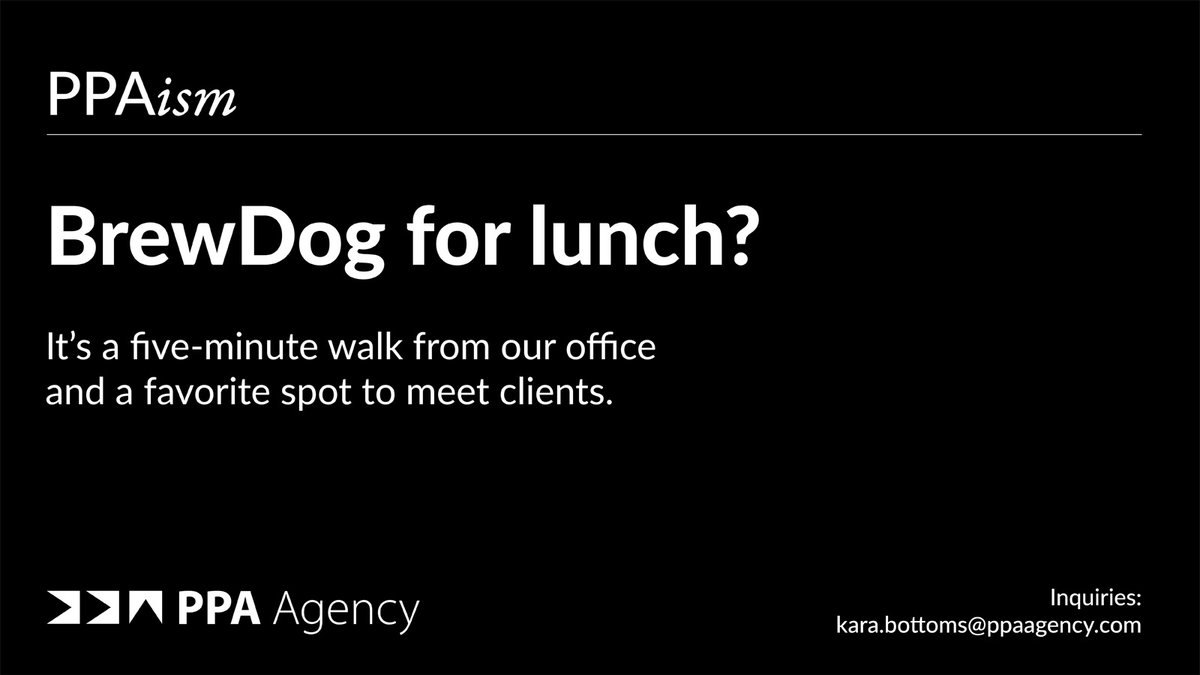 PPAColumbus's tweet photo. A business owner, a herd of graphic designers and a web developer walk into a pub. (Plus a few others.) It's not a joke. PPA is meeting a client at BrewDog, a short walk from our office. Let's grab lunch ➡️ 614.837.1998 or kara.bottoms@ppaagency.com. #614Life #PPAism #marketing https://t.co/yZJIONAPJp