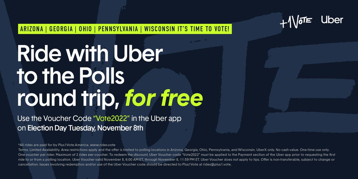 🍑Georgia It’s Election Day! We are providing free, round-trip Uber rides to go VOTE! Just use the voucher code “Vote2022” in the Uber app or click r.uber.com/Vote2022