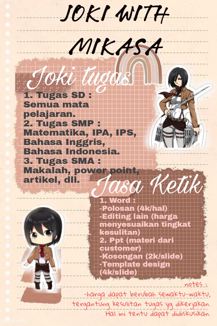 jokiwithmikasa's tweet photo. [REVISI PAMFLET DAN TAMBAHAN LAYANAN JASA]

Hai.. buat kalian kaum milenial yg gak punya waktu buat ngerjain tugas nya, bisa banget menggunakan jasa joki dari akuu🤗. Harga nya terjangkau banget. 

Via pembayaran dapat berupa dana, spay, ovo, BCA✨

#jokitugasmurah #jokitugas https://t.co/UyI7fh5OPb