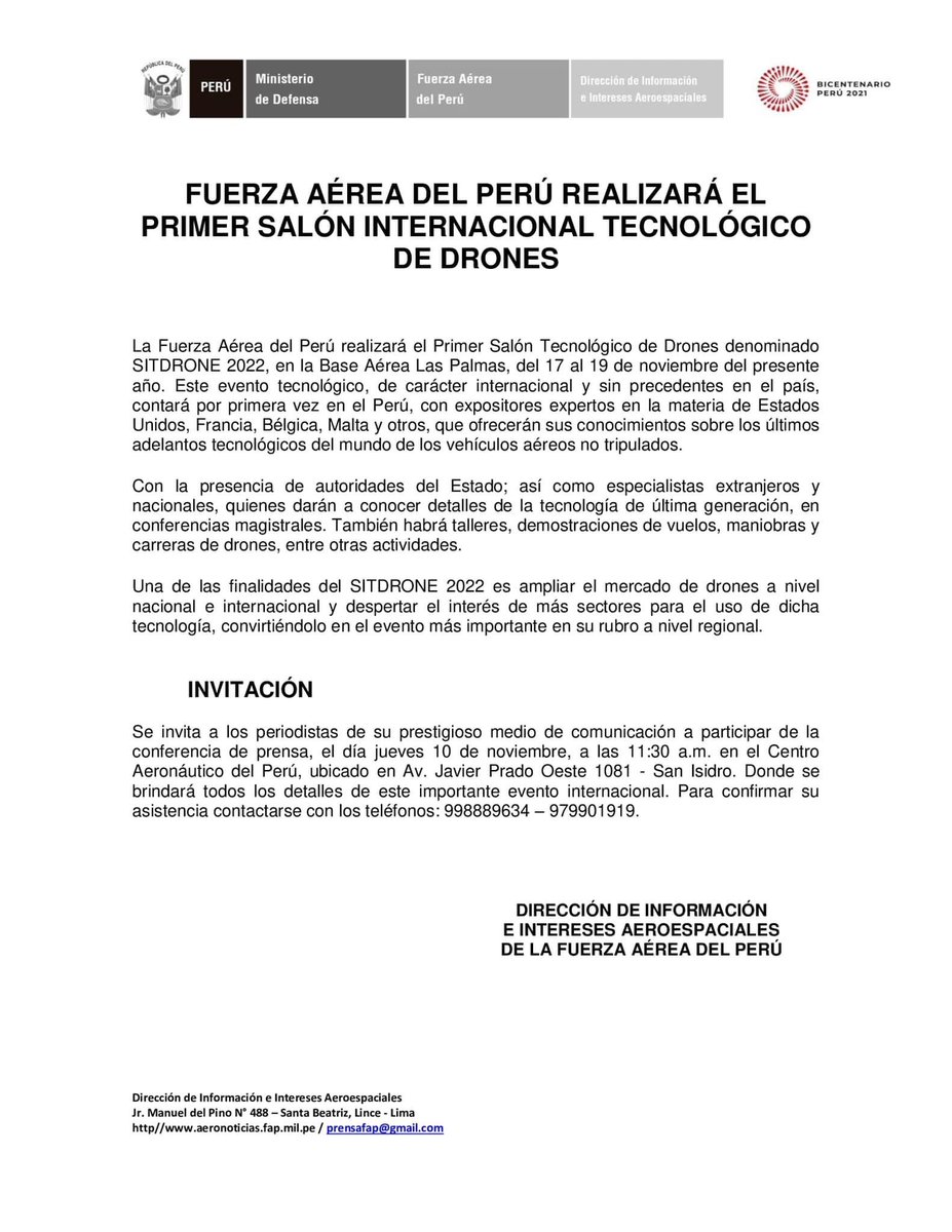 La institución invita a los Medios de Comunicación Social, nacionales y extranjeros, a la Conferencia de Prensa con motivo del próximo inicio de las actividades del Primer Salón Tecnológico de Drones - SITDRONE 2022