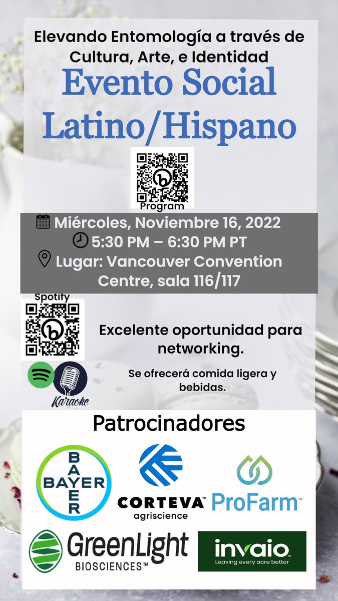 Somosento1's tweet photo. ¡Reserva la fecha! Haciendo historia con el 1er
@EntsocAmerica evento social oficial Latino/Hispano. Networking, comida y música. Ya tu sabes! https://t.co/GampIQKYjF. 
Gracias a nuestros patrocinadores @bayer4crops @Corteva @GreenLightBio1 @Invaio_Sciences #ProFarm https://t.co/sdLxy2qLKP