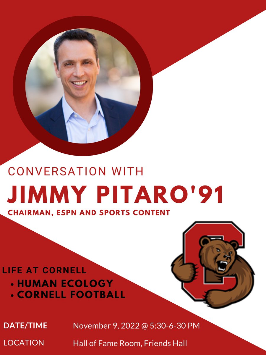 CornellCHE's tweet photo. Join us tomorrow evening (11/9) for a conversation with @CornellCHE alumnus Jimmy Pitaro ’91, Chairman, ESPN and Sports Content, happening from 5:30 - 6:30pm in the Hall of Fame Room, Friends Hall.
In his role @espn, Pitaro focuses on ESPN's live sports programming. #iamhumec https://t.co/gVLxwBiUPn