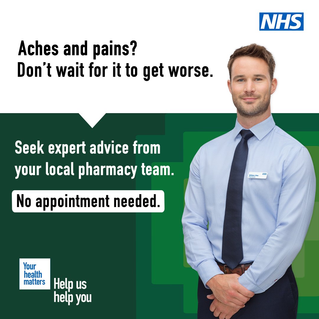 Aches and pains?

Your local pharmacist can help with health problems such as back pain, headache and migraine, and period pain.

For expert advice, talk to your pharmacist: nhs.uk/using-the-nhs/… 

#HelpUsHelpYou