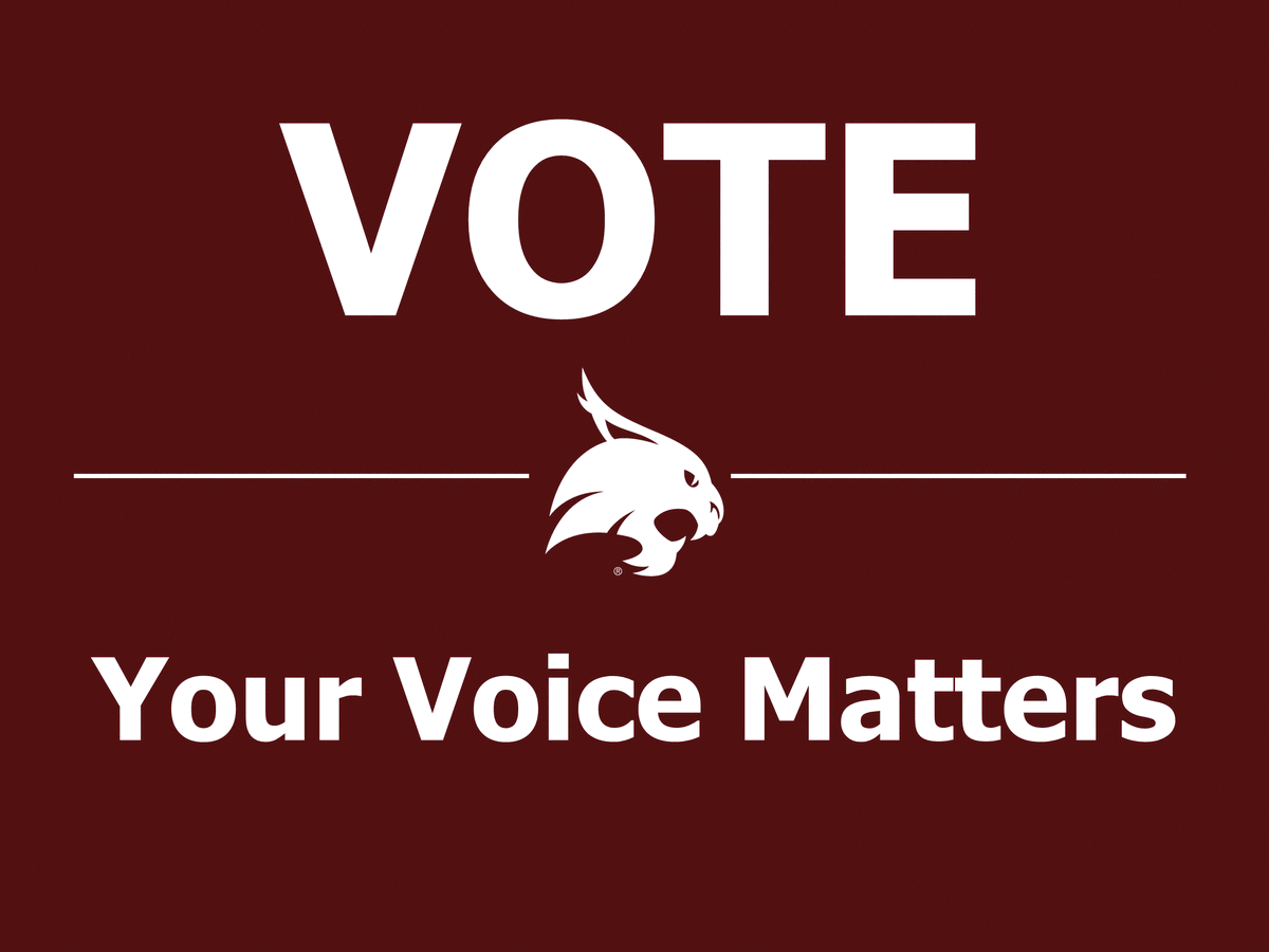 TXST_CORE's tweet photo. It's Game Day for Civic Engagement!  We all know someone who will forget to vote, so send them a reminder.  Make sure to be in line to vote by 7pm &amp; bring your ID or voter registration card.  #TXSTvotes https://t.co/UwWGBnNXHZ