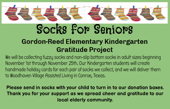 During the months of November and December each grade level chooses an organization to support to show gratitude. Our Character Trait of the month for December is Gratitude.  Kindergarten is collecting socks! Check out the flyer to see how you can support them!