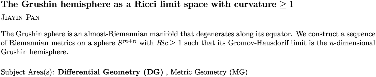 arxiv.org/abs/2211.02747…
J Pan
The Grushin hemisphere as a Ricci limit space with curvature $\ge 1