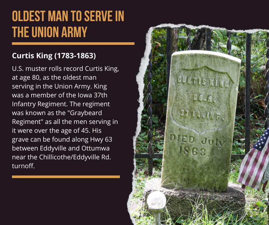 Did you know that the oldest man to serve in the Civil War is buried right here in Wapello County? To read the full story of Curtis King, visit meetottumwa.org/explore/
#MeetOttumwa #civilwarhistory