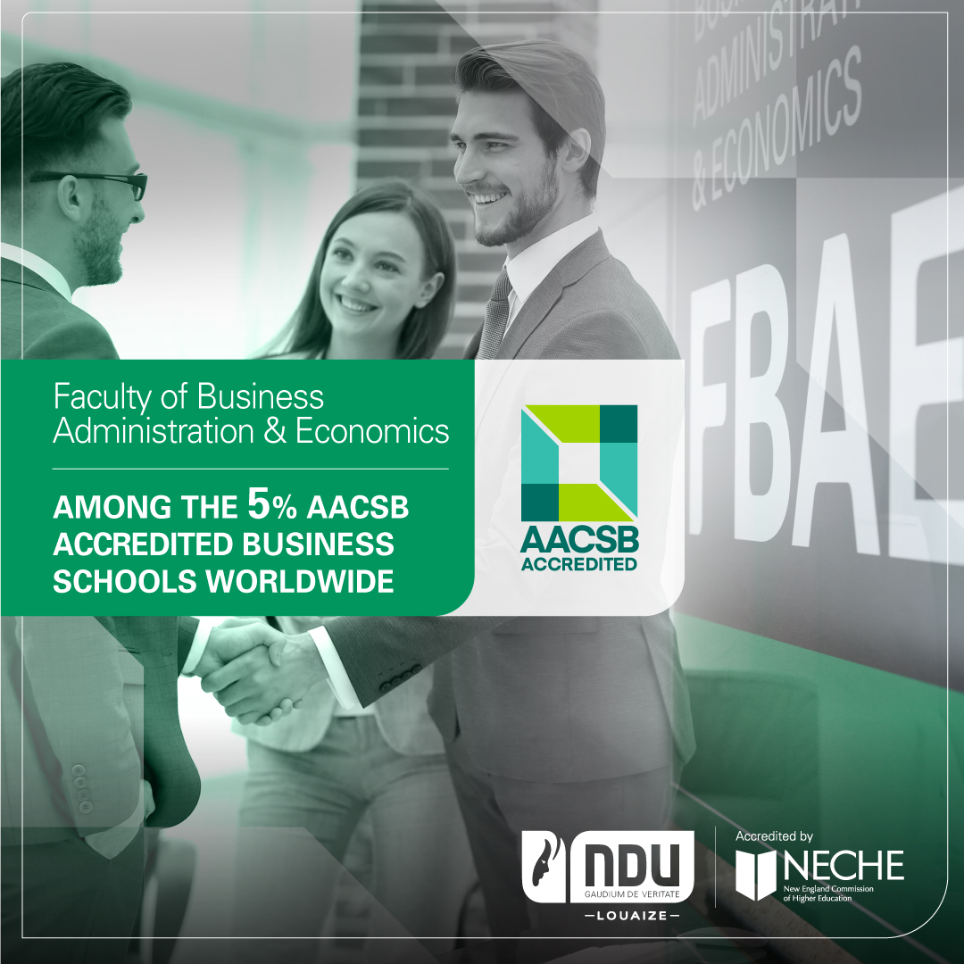 NDU_Louaize's tweet photo. #NDU is proud to announce that the Faculty of Business Administration and Economics has officially secured faculty #accreditation by the prestigious @AACSB, placing the Faculty among the 5% accredited #BusinessSchools worldwide. https://t.co/wh3NTcuEnz https://t.co/q7VkWKal4R