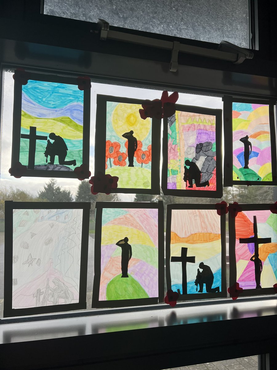 EmsleyMiss's tweet photo. As part of our learning ahead of Remembrance Day, P7 created beautiful stained glass effect artwork. 
 #LestWeForget https://t.co/m9kwX1zpc4