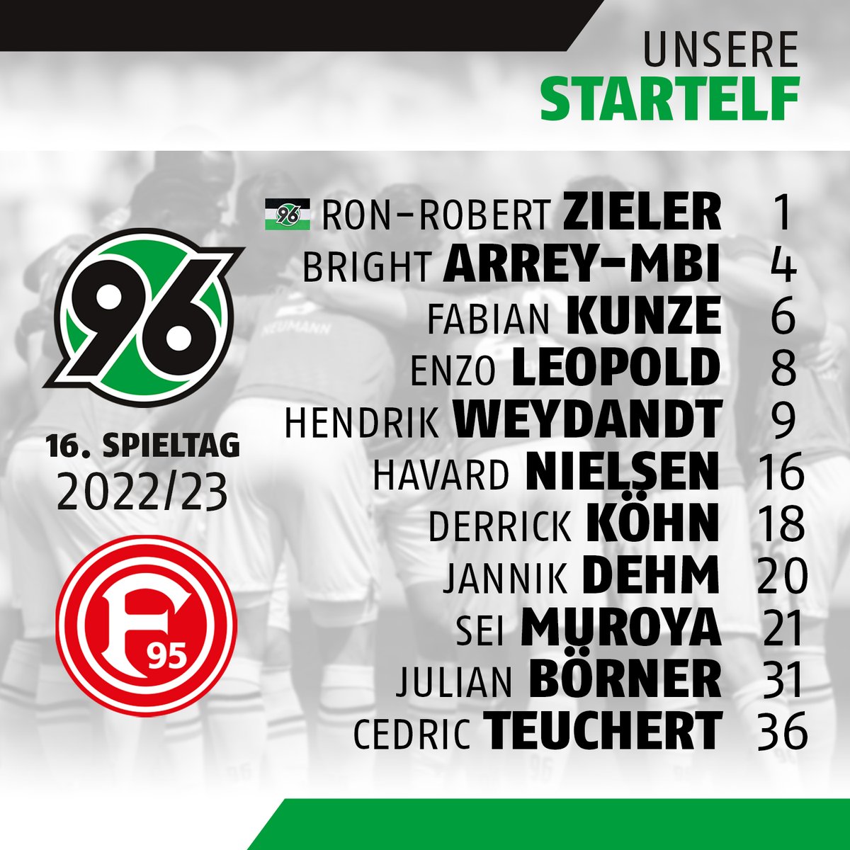 Hannover96's tweet photo. Wir präsentieren: unsere #Startelf fürs letzte #Heimspiel des Jahres! 💥
#H96F95 #H96 #NiemalsAllein ⚫️⚪️💚 https://t.co/0IxGYRfOPd