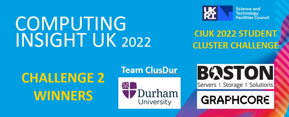 Results are in... the winners of challenge 2 of the #CIUK2022 Cluster Challenge with <a href="/bostonlimited/">Boston Limited</a> and <a href="/graphcoreai/">Graphcore</a> are... Team ClusDur (<a href="/durham_uni/">Durham University</a>)!!! They take their second challenge victory and now have the maximum 20 points in the race for the title #CIUK2022_SCC