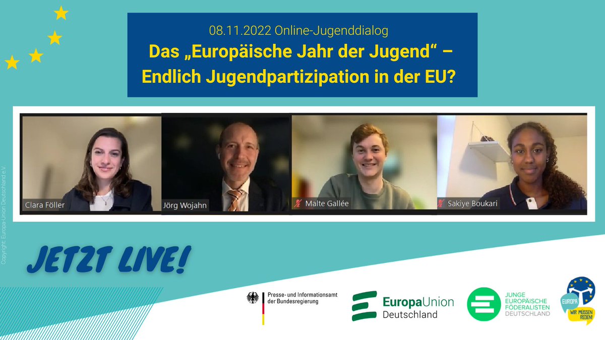EUD_Dialog's tweet photo. Bei unserem heutigen #EUD_dialog geht es um #Jugendpartizipation in der EU🇪🇺. Mit @geclaired @JEF_De diskutieren Sakiye Boukari, Jugendvertreterin @DBJR_, @galleerie @Europarl_DE und @JorgWojahn @EUinDE.
👉Schaltet Euch zu: https://t.co/ZGpOWYIYXC
#EJJ2022 #EuropeanYearOfYouth https://t.co/DCugdDG5Ae