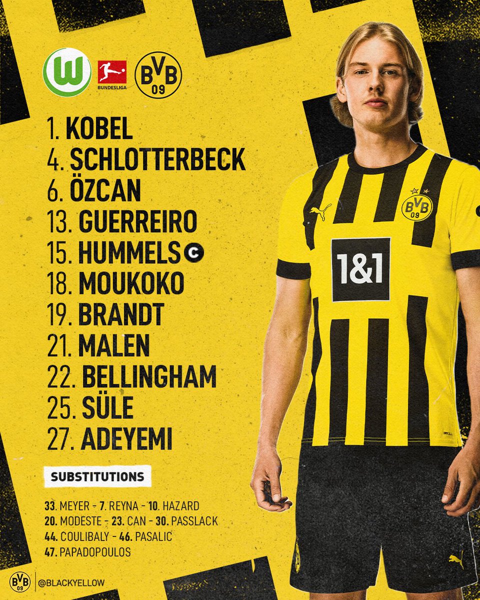 BlackYellow's tweet photo. 🚨 BVB STARTING XI VS. WOLFSBURG 🚨 https://t.co/URixt5FjqF