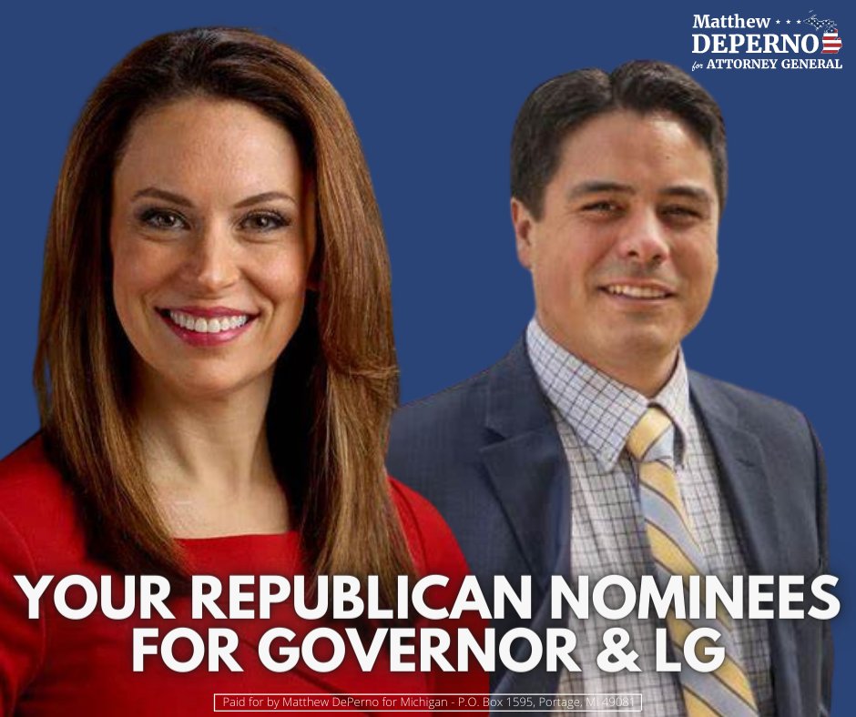 deperno4mi's tweet photo. Vote @TudorDixon and @shanehernandez9 TODAY! We are ready to #TakeBackMichigan and defeat Gretchen Whitmer! #DixonHernandez #DePerno4MI https://t.co/DSEG072qAY