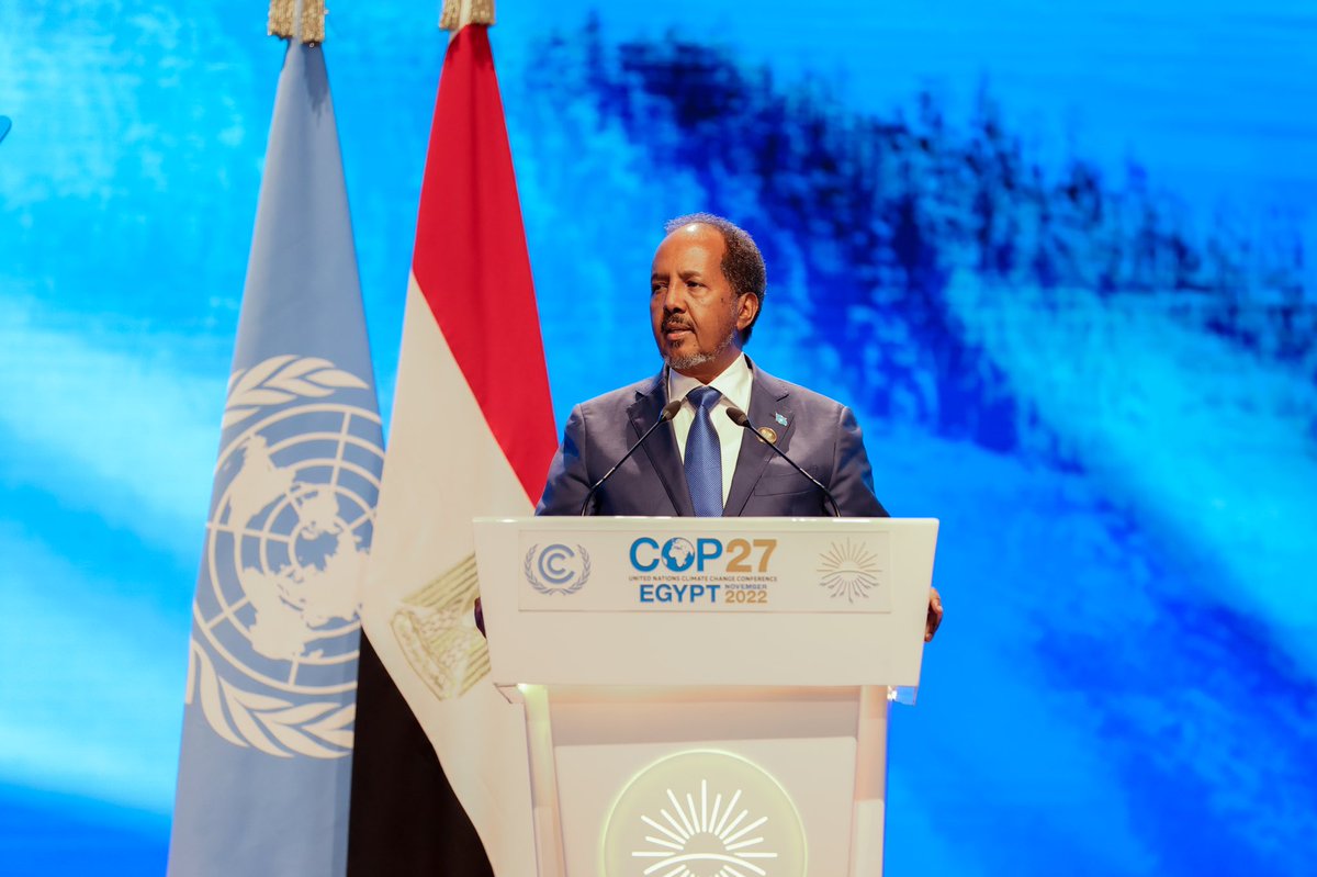 HassanSMohamud's tweet photo. Today I delivered #Somalia's national statement at the #COP27 in #SharmElSheikh. I stressed the devastating impact of climate change in our country &amp; the urgent need to find sustainable global adaptation solutions &amp; innovative financing to ensure we respond quickly &amp; effectively. https://t.co/M7g98ICEj2