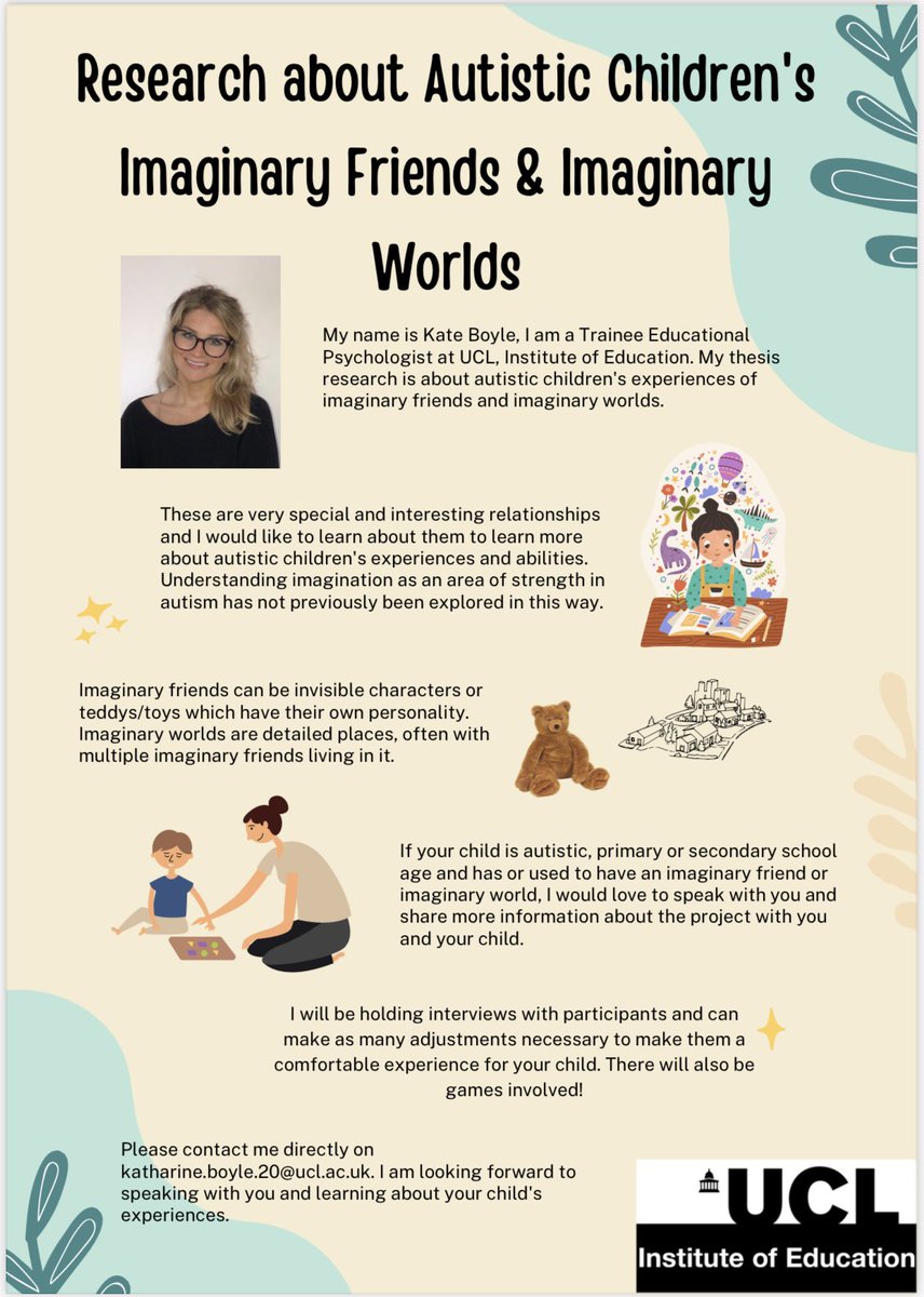I’m researching autistic children’s experiences of imaginary friends and imaginary worlds and looking for participants (primary/secondary age) - please share this advert with parents and contact me for more information 😊 thank you! #autismresearch #autistictwitter #autistic