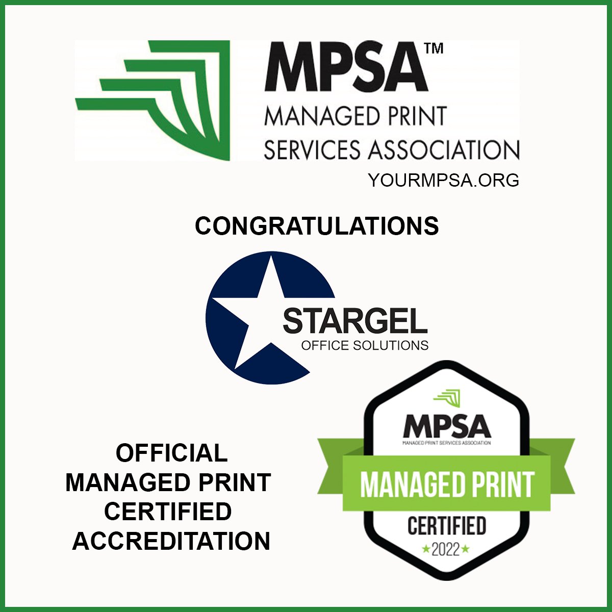 Congratulations to <a href="/stargeloffice/">StargelOffice</a> for achieving the Managed Print Certified accreditation from the Managed Print Services Association (MPSA) and joining the MPSA Insiders Group.

#mpsainsidersgroup #managedprintcertified #mpsa