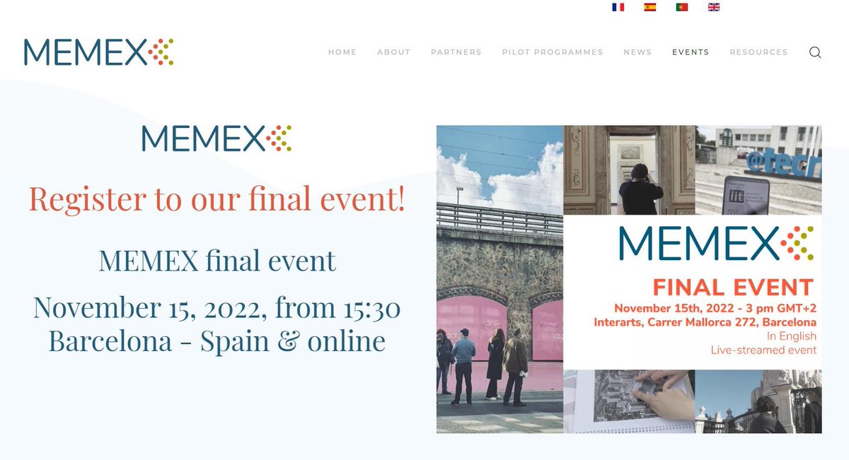 15 Nov I'll be in <a href="/MemexProject/">MEMEX Project</a> MEMories and EXperiences for inclusive #DigitalStorytelling in @InterartsF <a href="/alessiodelbue/">Alessio Del Bue</a> <a href="/cridamilano/">Cristina Da Milano</a> <a href="/Mapa_dasIdeias/">Mapa das Ideias</a> <a href="/MerGiovinazzo/">Mercedes Giovinazzo</a> <a href="/MCA_EU/">Michael Culture</a> <a href="/NohoDublin/">nohodublin</a> <a href="/AnneBajart/">Anne Bajart</a> <a href="/TaniaSafuraAdam/">Tania Adam</a> &amp; #MEMEXExhibition Join us onsite/online👇memexproject.eu/en/events/meme…