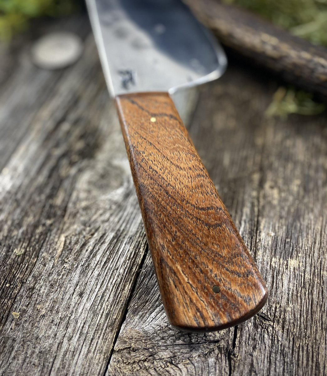 DiplomaticArrow's tweet photo. Chef knife - is forged out of 80crv2 high carbon steel. It has radiused tapered spine &amp; 1/8” at its thickest, 12” overall length with a 7.75” wicked sharp edge! The handle material is Texas mesquite with some 3/32”brass pins to match! -NOT AVAILABLE- https://t.co/JCoAu0Yskn