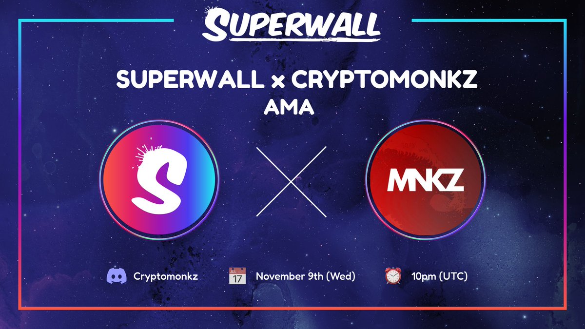 Superwall x Cryptomonkz AMA 🎙️

Date: November 9th 📅
Time: 10 pm (UTC) ⏰

1⃣Follow <a href="/superwallglobal/">SUPERWALL 🧱</a> &amp; <a href="/CryptoMonkzNFT/">CryptoMonkz NFT</a> 
2⃣❤️&amp; RT
