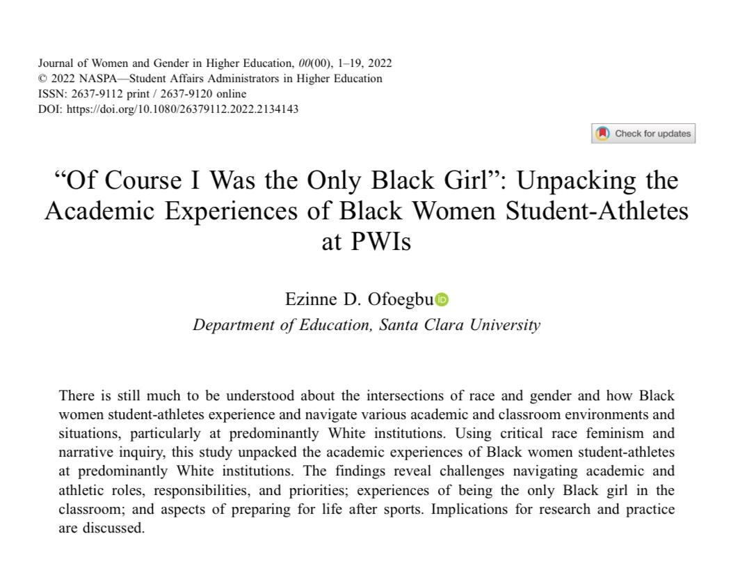 Excited to share my first publication from my dissertation has been published in @NASPA_JWG!

#BlackGirlOnCampus #CiteASista

tandfonline.com/eprint/GUJX8N7…