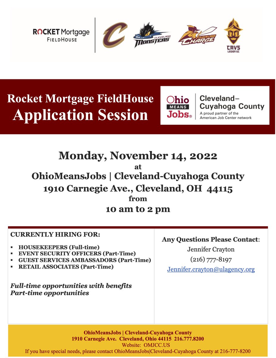 OMJCleCuy's tweet photo. Monday November 14, 2022 π 10:00am-2:00pm
Rocket Mortgage Field House Application Session
π¨Bring your Resumes!
OhioMeansJobs| Cleveland-Cuyahoga
1910 Carnegie Ave. Cleveland, OH 44115
.
#cavs #bethediff #jobs #clevelandjobs #cleveland #job https://t.co/zAhV1UZgoO