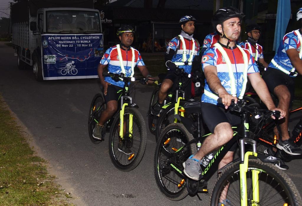 EAC_IAF's tweet photo. "Medicos Hornbilll Cyclothon" -  a 532 km cycling expedition from Guwahati to Bumla was flagged off by Air Cmde Atul Saggar AOC AF Stn Guwahati on 08 Nov 22. Comprising Air Warriors from AFCME and EAC, the event will nurture team spirit, camaraderie and a spirit of adventure. https://t.co/PP2euTh3jW