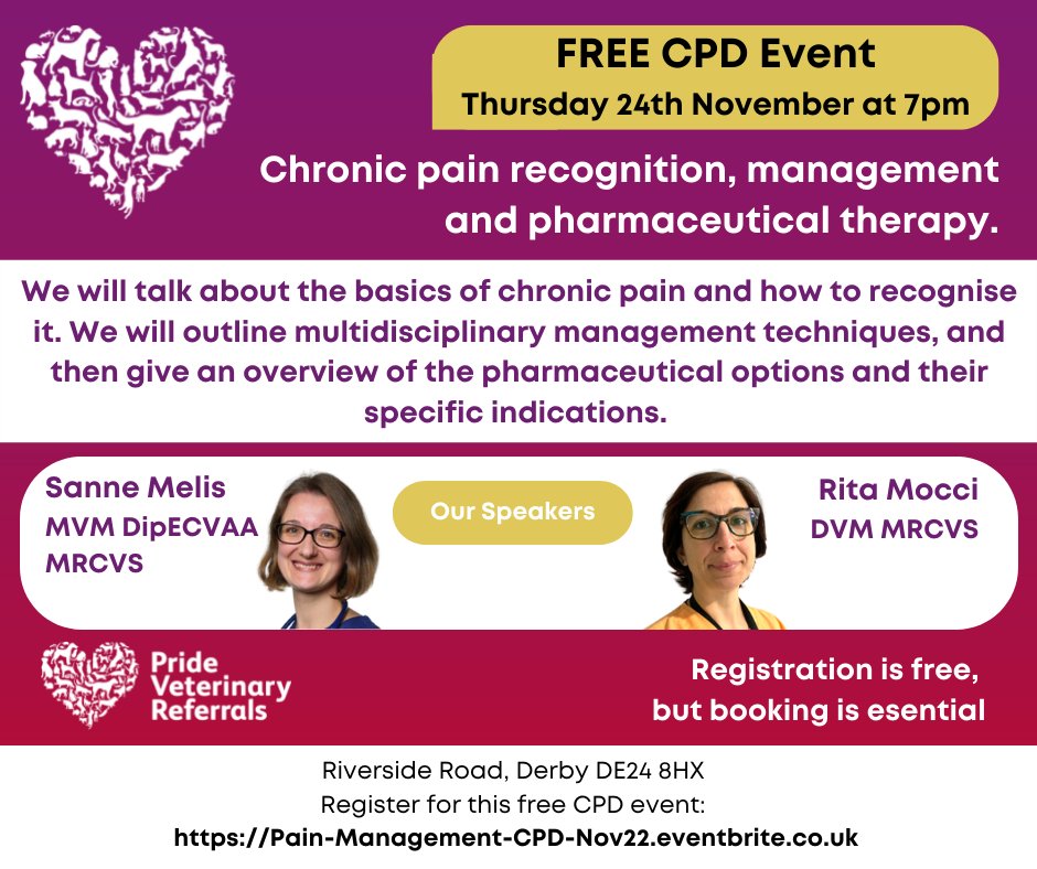 PrideVets's tweet photo. Join us on Thursday 24th November for our 'Chronic pain recognition, management and pharmaceutical therapy.' CPD event at Pride Veterinary Referrals. Early booking recommended as our Anaesthesia and Pain Management CPD events are very popular.
https://t.co/aaOQYMVosN https://t.co/EVbMTxJ04W