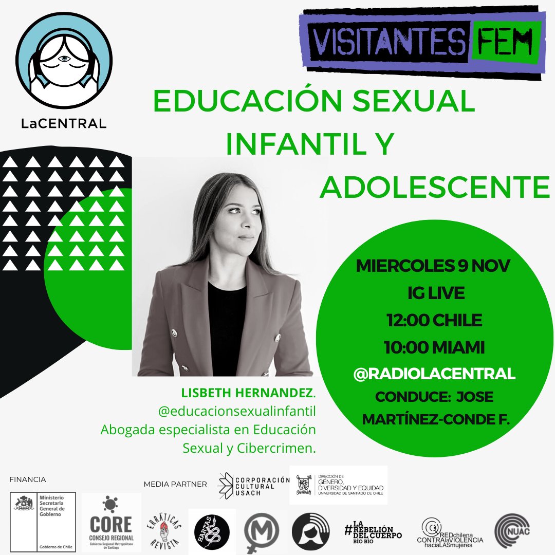 ¡¡ÚLTIMO PROGRAMA DE VISITANTES FEM 2022!!
Educación Sexual para Infancias y Adolescentes con Lisbeth Hernandez, abogada especialista en Educación Sexual y Cibercrimen. 🗓️ Miércoles 9/11. 12:00 hrs.📍IG Live de @radiolacentral #educacionsexualintegral