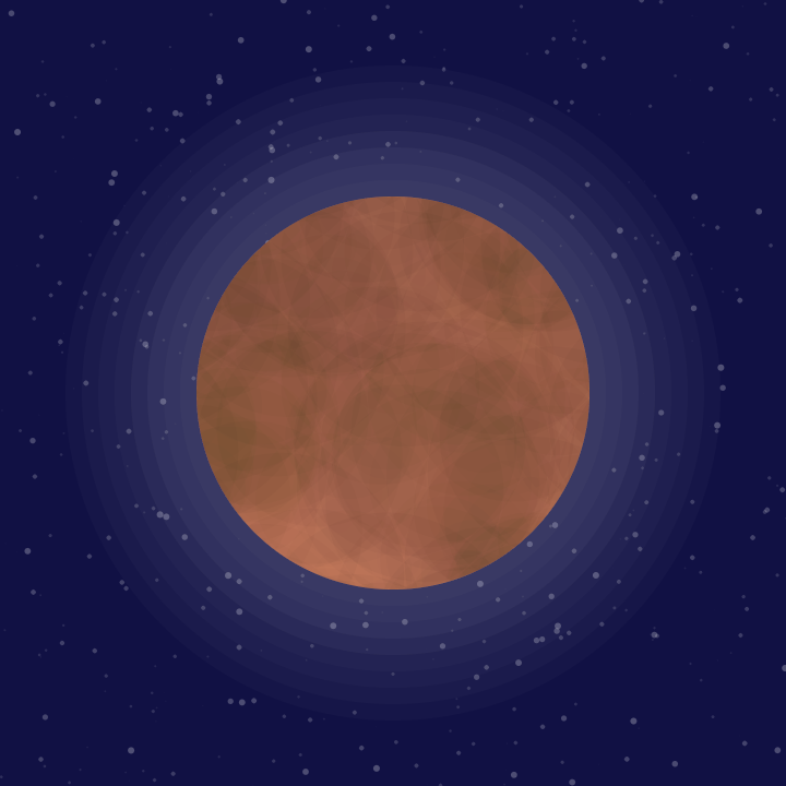 Hau_kun's tweet photo. setup=_=>{createCanvas(W=720,W)
background("#114")
noStroke()
R=random
for(i=600;i-->39;)fill(W,i/9)+circle(R(W),R(W),i/99)+(i<50?circle(H=360,H,H+i%9*30):0)
fill("#D86")
circle(H,H,H)
drawingContext.clip()
for(i=0;i<W;i++){fill(0,i/99)+circle(R(W),R(W),i/3)}}
#つぶやきProcessing https://t.co/XhwXF2E7AV
