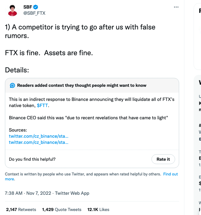 matthewstoller's tweet photo. Within 24 hours billionaire crypto tycoon Sam Bankman-Fried goes from saying 'a competitor is trying to go after my crypto exchange with false rumors' of insolvency to 'I'm selling my crypto exchange to my biggest rival.' https://t.co/YgkkwHZYZH