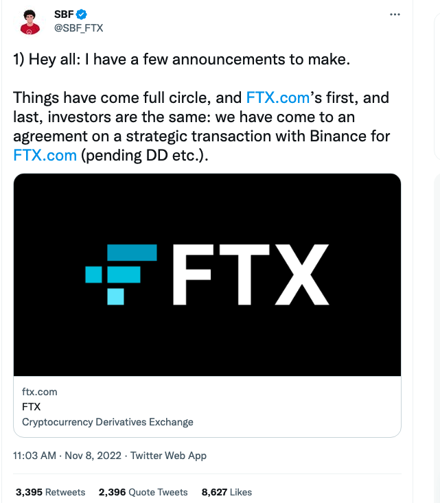 Within 24 hours billionaire crypto tycoon Sam Bankman-Fried goes from saying 'a competitor is trying to go after my crypto exchange with false rumors' of insolvency to 'I'm selling my crypto exchange to my biggest rival.'
