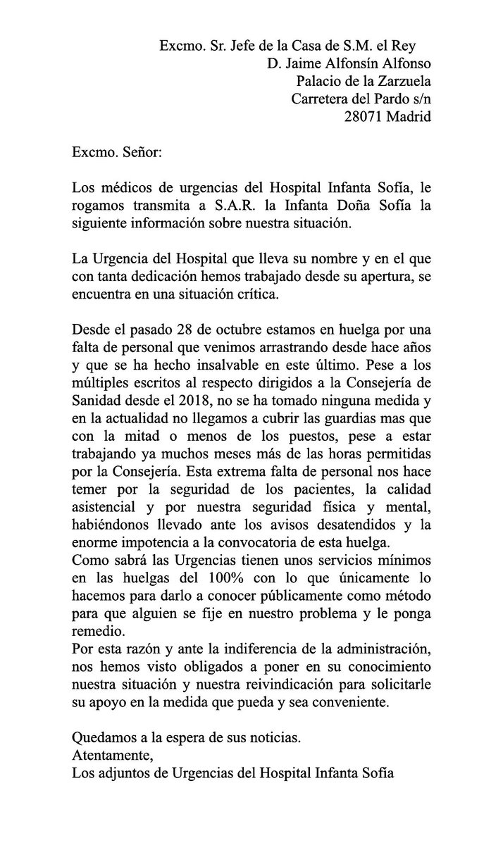🚨DÍA 12 HUELGA URG I.SOFÍA:  

📍Pedimos amparo a la INFANTA SOFÍA  👸🏼en apoyo al Hospital que lleva su nombre!!📍

✉️📫  Carta a S.A.R 👇🏻👇🏻👇🏻👇🏻

#SOSUrgInfantaSofia
 <a href="/fpradosroa/">Fernando Prados Roa</a> <a href="/SomosUrgencias/">SomosUrgencias</a> <a href="/MUDmedicos/">MUD Médicos</a> <a href="/amytsmedicos/">AMYTS</a> <a href="/eruizescudero/">Enrique Ruiz Escudero</a> <a href="/IdiazAyuso/">Isabel Díaz Ayuso</a> <a href="/SEMES_/">SEMES</a>