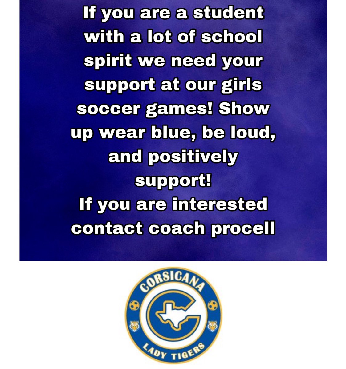 CoachProcell's tweet photo. Looking for a lot of student support at our games this season if you are interested contact me 💪⚽️🐅 @CanaGirlsSoccer https://t.co/zeN3mwrM8A